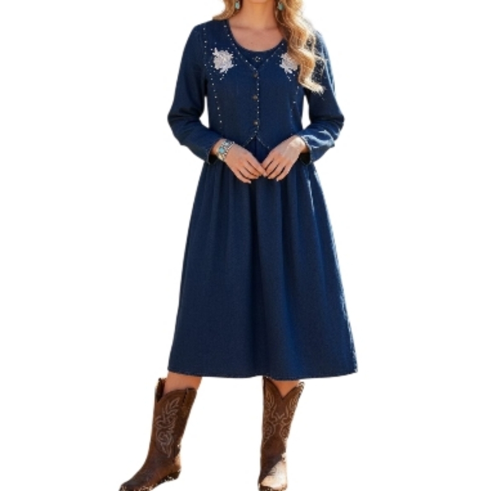 Vintage 90s Denim Floral Western Prairie Dress Midi Long Sleeve Studded